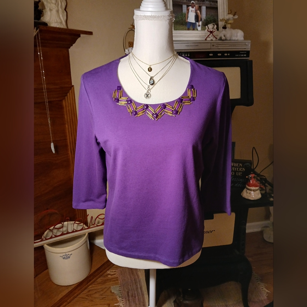 Ruby Rd. Vintage Lady's Purple Top Featuring Gem Embellishments